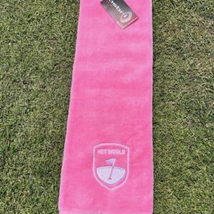 Golfhanddoekje met karabijnhaak en logo van Golfbaan het Woold roze