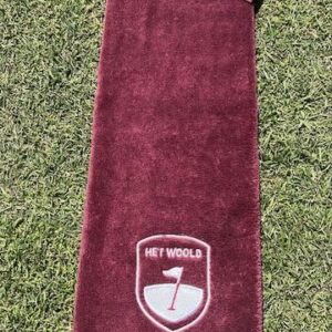 Golfhanddoekje met karabijnhaak en logo van Golfbaan het Woold bordeaux