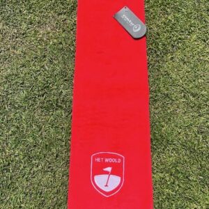 Golfhanddoekje met karabijnhaak en logo van Golfbaan het Woold rood