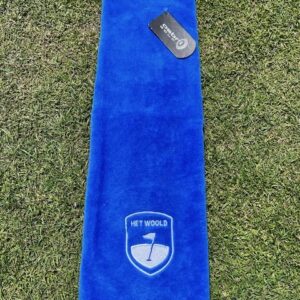 Golfhanddoekje met karabijnhaak en logo van Golfbaan het Woold kobalt blauw