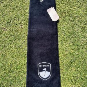 Golfhanddoekje met karabijnhaak en logo van Golfbaan het Woold zwart