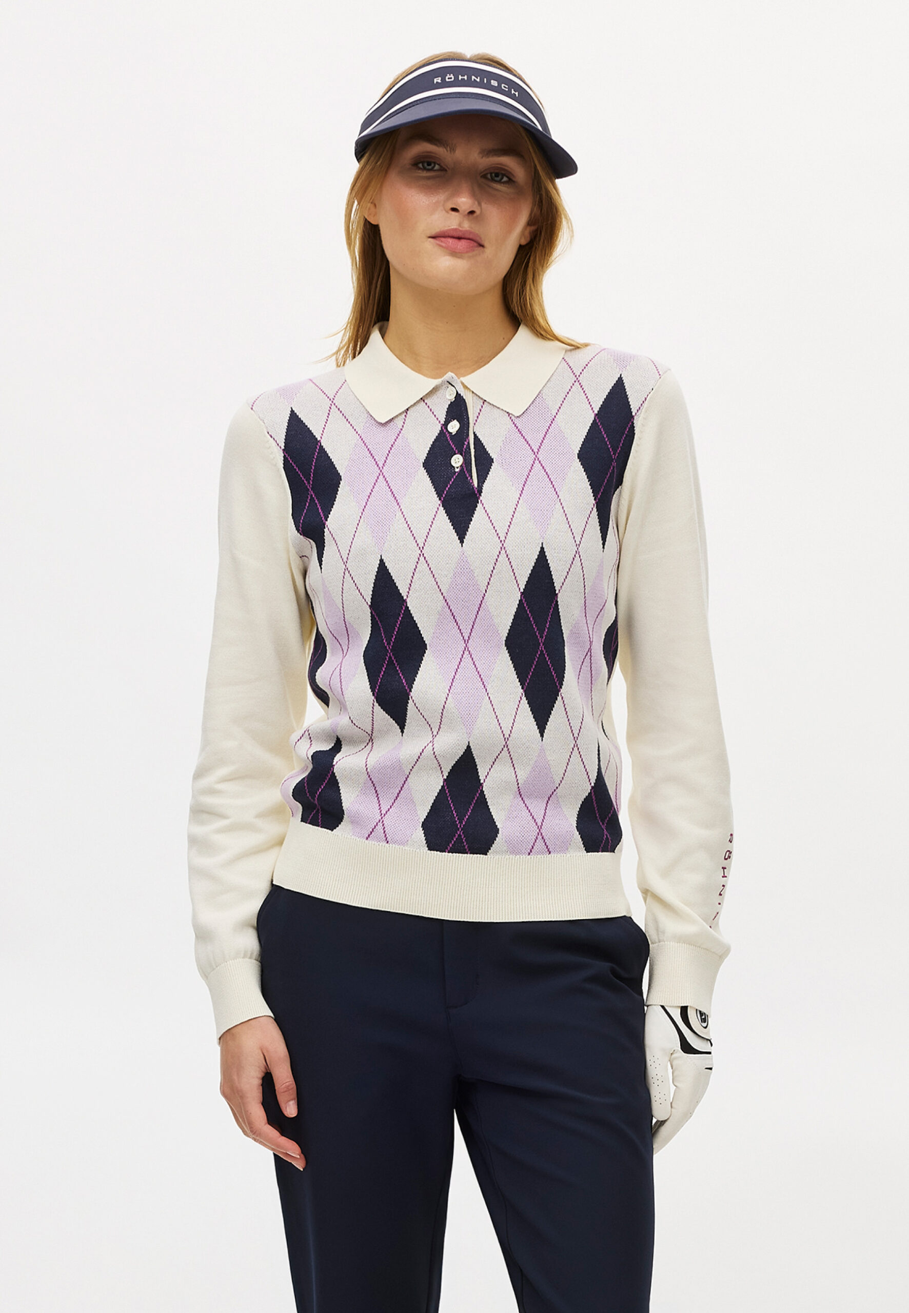 Röhnisch Heritage Knitted Poloshirt Dames – Gebreide Katoenen Golfpolo Orchid Argyle