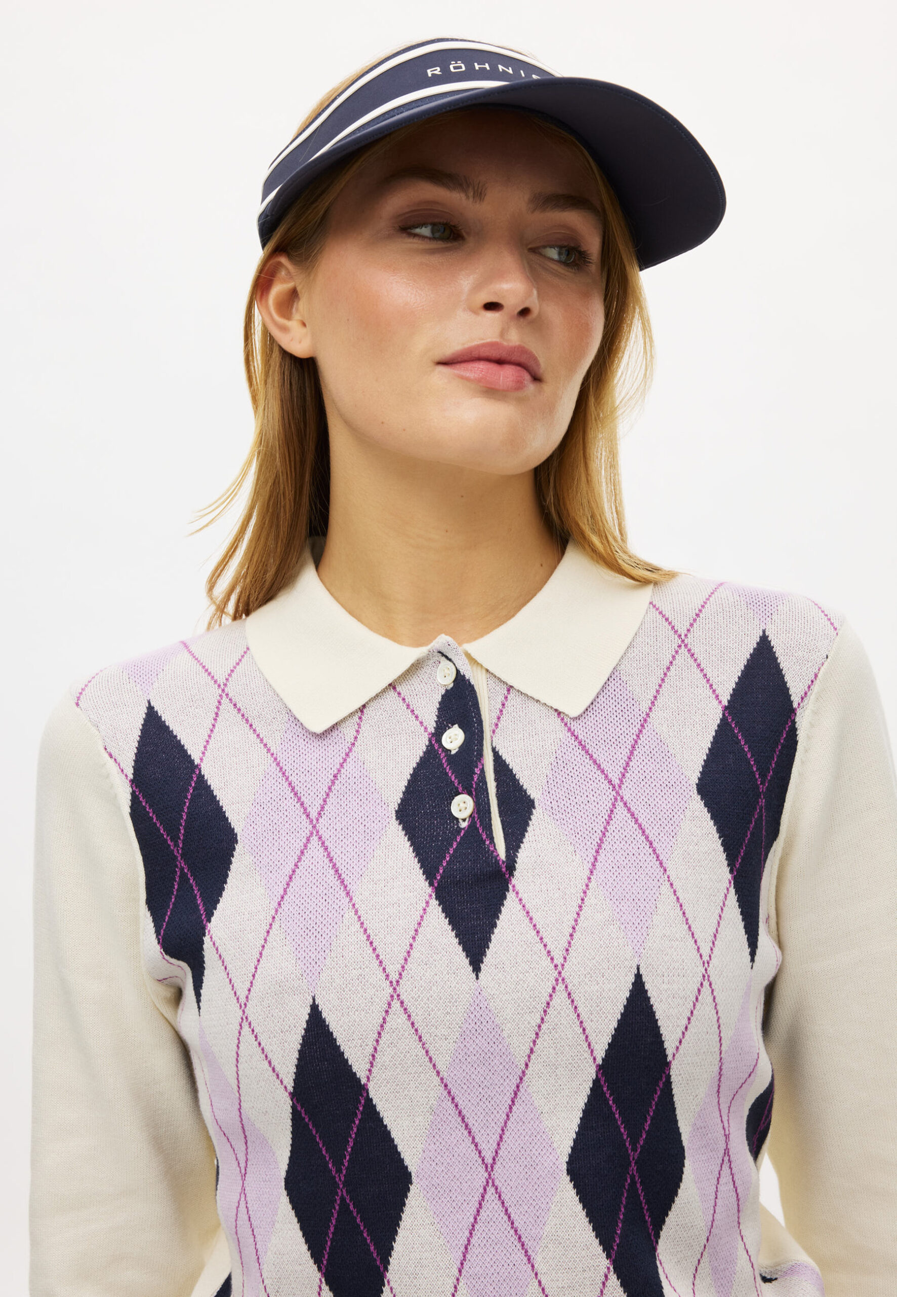 Röhnisch Heritage Knitted Poloshirt Dames – Gebreide Katoenen Golfpolo Orchid Argyle