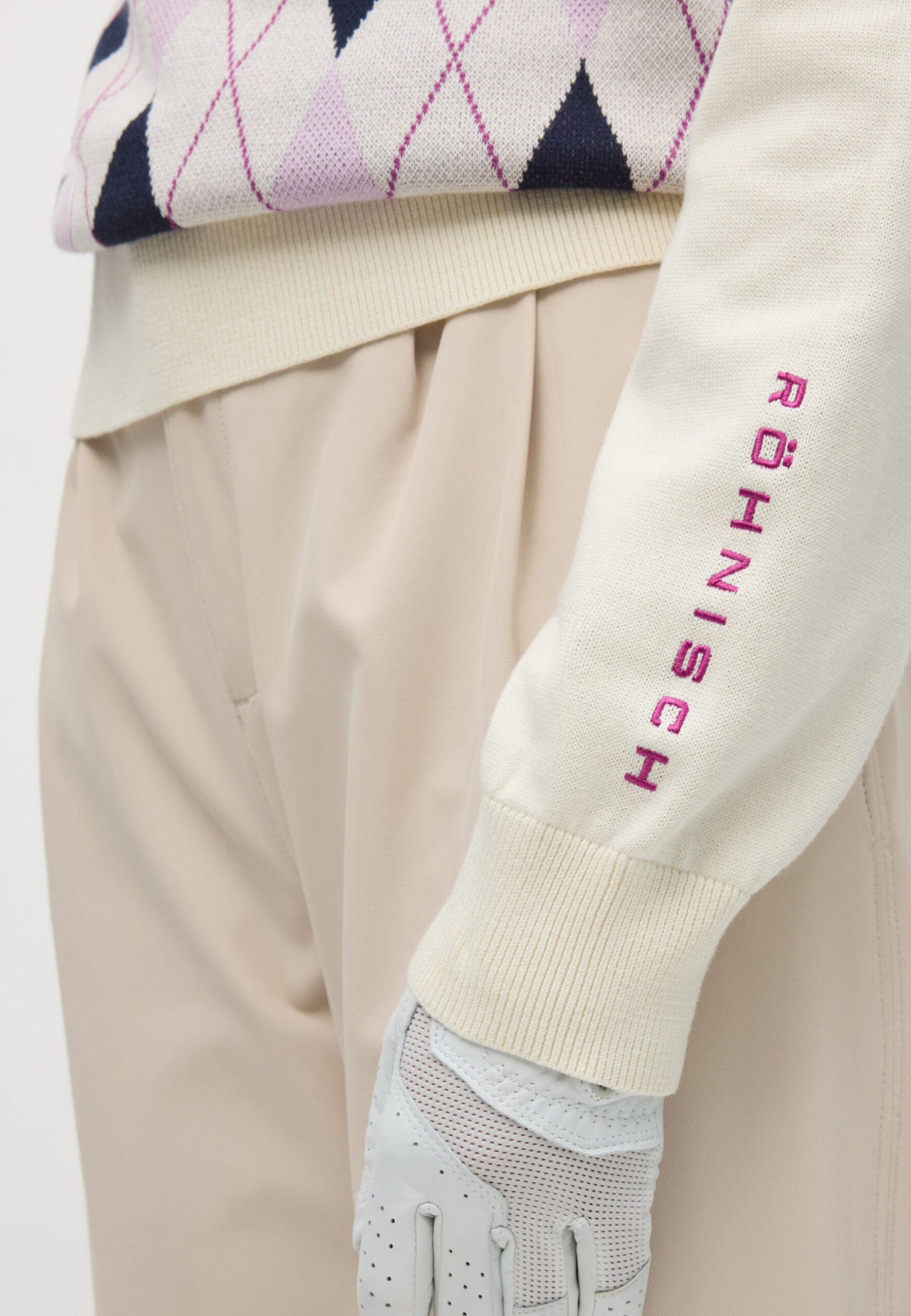 Röhnisch Heritage Knitted Poloshirt Dames – Gebreide Katoenen Golfpolo Orchid Argyle - Afbeelding 3