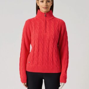 Daily Sports Cable LS Pullover Dames Poppy red – Gevoerde Windwerende Kabelgebreide Golftrui